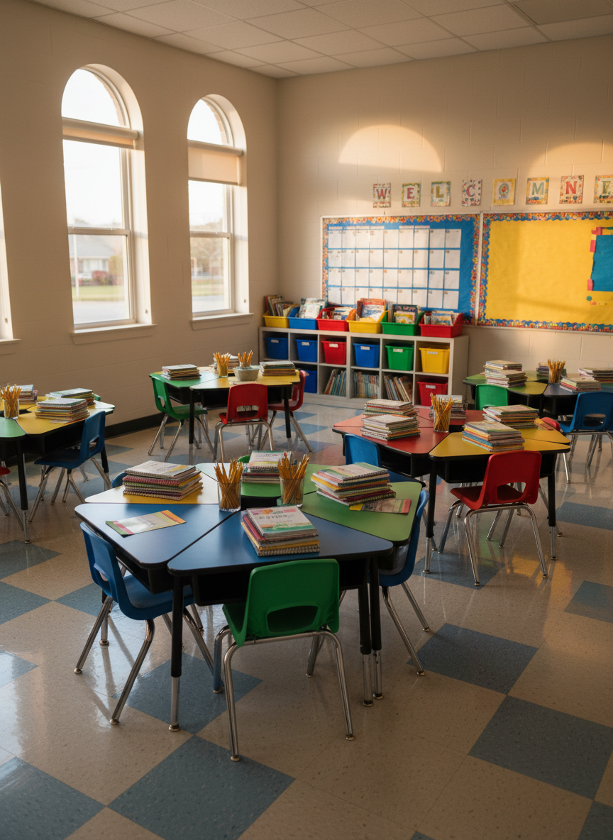 A cheerful 4th grade classroom scene without any people, featuring colorful desks arranged in small groups, each topped with neatly stacked spiral notebooks, sharpened pencils in bright cups, and name tags turned away from the camera so no text is readable. On the far wall, a giant blank calendar, book bins, and a “Welcome to 4th Grade” style bulletin board are visible, but with the words obscured or out of focus. Soft afternoon sunlight streams through tall windows, creating warm highlights on the waxed tile floor and soft shadows under the desks. Photographic realism, captured from a slightly elevated corner angle with sharp focus throughout, giving families a playful, inviting window into the classroom environment while fully respecting school media policies.
