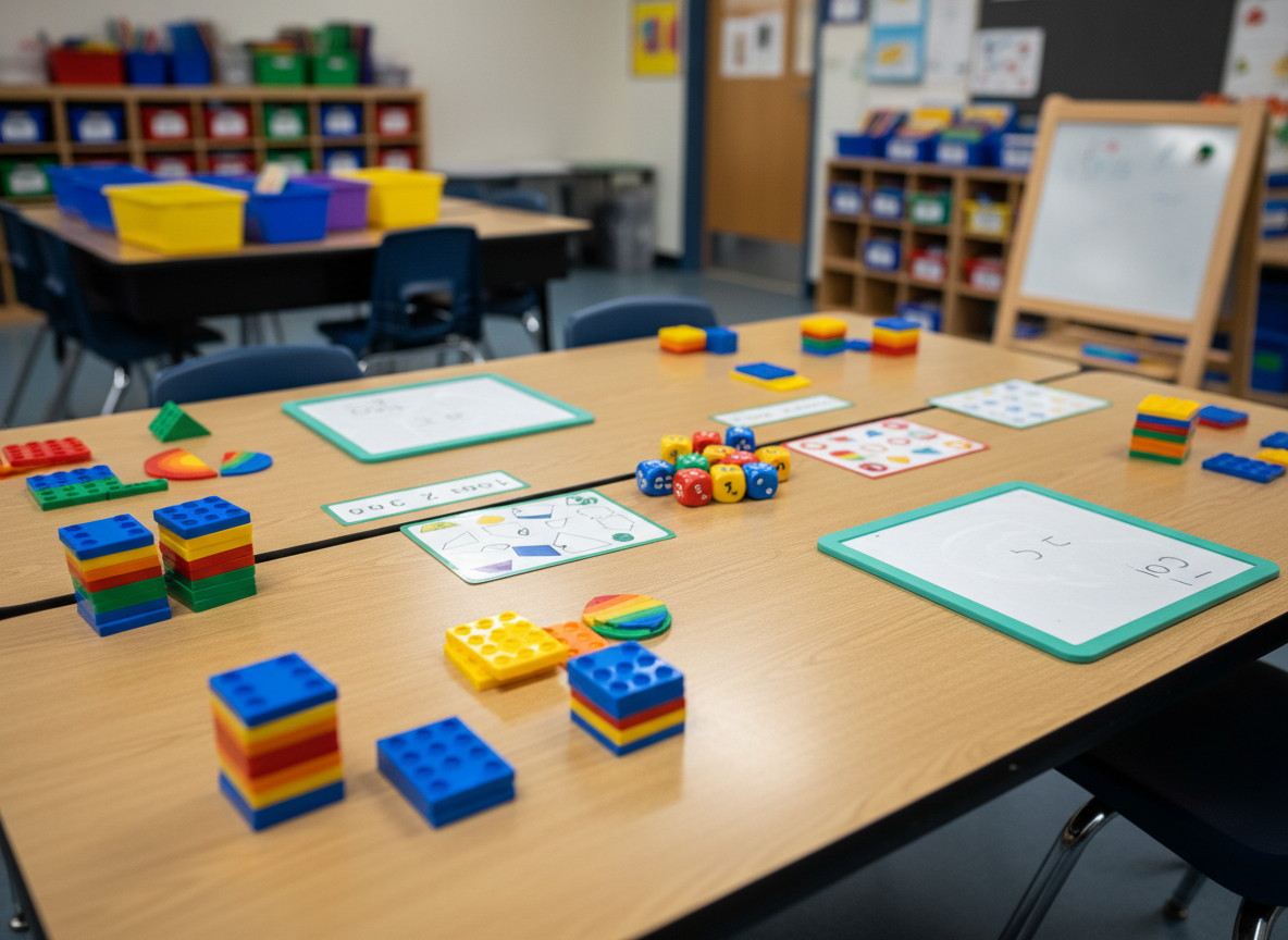 A playful 4th grade math activity setup on a wide, pale wood classroom table with no students present. Colorful plastic base-ten blocks, fraction tiles, and number cubes are spread out in small, neat clusters alongside laminated task cards turned so any words are hidden. Two small tabletop whiteboards show partially erased number sentences that are no longer legible. Overhead fluorescent lights combine with soft window light to create even, bright illumination and gentle reflections on the glossy manipulatives. Photographic realism from a slightly overhead, three-quarter angle, using a shallow depth of field so the math tools in the center are in perfect focus while the background of grouped desks, storage cubbies, and a blurred classroom door fades into a soft, energetic backdrop.