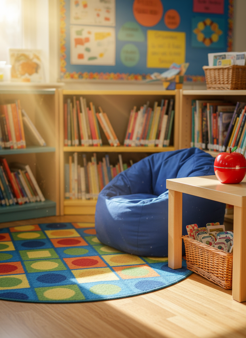 A close-up, photographic view of a 4th grade reading corner with no people, showing a cozy cluster of low bookshelves filled with colorful chapter books turned so the spines are softly out of focus, and a small rug patterned with bright geometric shapes. A beanbag chair and a small wooden side table hold a basket of bookmarks and an apple-shaped timer. Sunlight from a nearby window spills across the rug, creating a warm, playful glow and gentle shadows behind the shelves. The composition is framed at eye level from a child’s perspective, with a shallow depth of field that keeps the foreground crisp while the background bulletin boards and posters blur, avoiding any readable text but conveying a lively, inviting reading atmosphere.